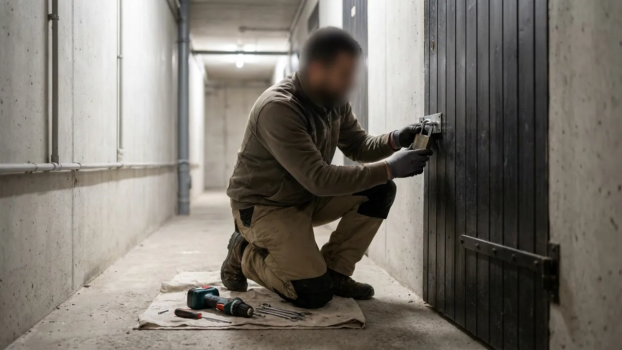 Porte de cave renforcée avec serrure de sécurité dans le sous-sol d'un immeuble du 18e arrondissement de Paris
