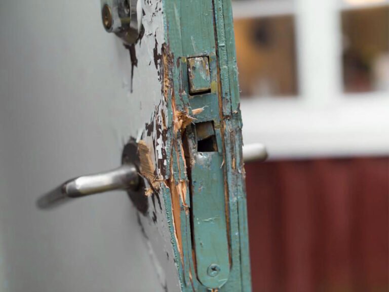 Porte verte fortement endommagée après une tentative d'effraction, serrure cassée.